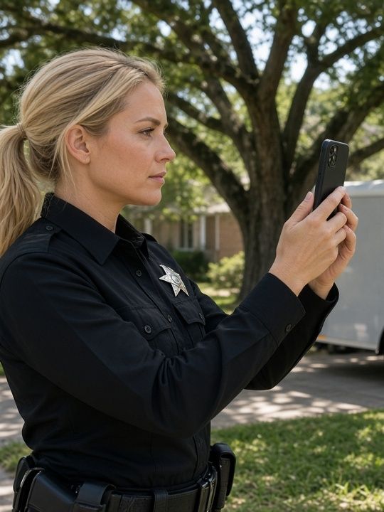 Officer photographing a property condition with her phone (AI-generated image)